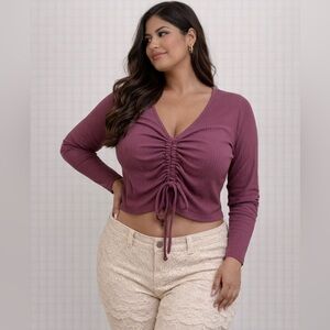 Ruched Front V-Neck Pink Crop Top